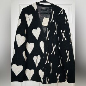 NWT AllSaints Bonebreak Cardigan Black and White Heart and Crossbones Wool Cardi